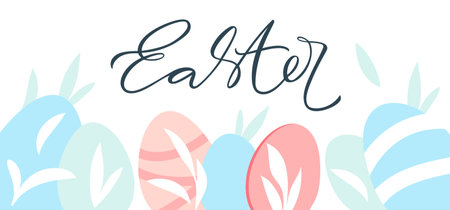 Easter banne with eggs and leaves. Happy Easter design with lettering in pastel colors. Horizontal bannerのイラスト素材