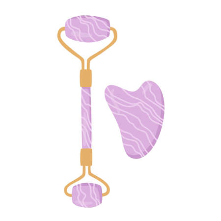 Gua Sha and facial massage roller tool isolated on white background. Quarts stone self massage scraper. Home beauty routine. Modern flat illustration of Gua Sha and facial roller.のイラスト素材