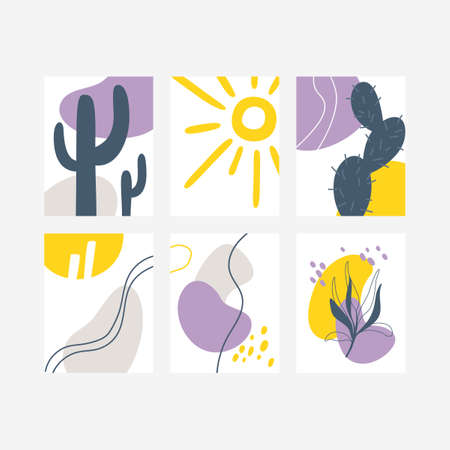 Set of Minimalistic abstract posters. Posters with decorative branch, sun, cactus and abstract color spots. Design for poster, postcard, brochure, cover design. Modern abstract vector illustration.のイラスト素材