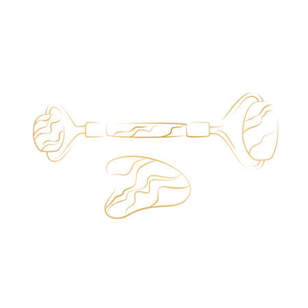 Gua Sha and facial massage roller tool isolated on white background. Quarts stone self massage scraper. Home beauty routine. Elegant golden Gua Sha and facial roller in line style.のイラスト素材