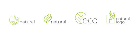 Set of labels, logos with text. Natural, eco. ECO logo. Natural logo. Natural badges for green company. Collection of logos. Natural logos with leaves.のイラスト素材
