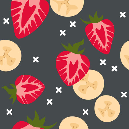 Seamless pattern with strawberries, bananas and geometric elements. Dark background. Beautiful vector seamless pattern with fresh blueberries and fruits. vector illustrationのイラスト素材
