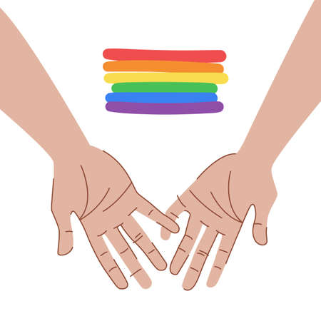 Couple hold on to their little fingers. Holding hands on background of LGBT flag. Two hands are connected. LGBT love concept.のイラスト素材