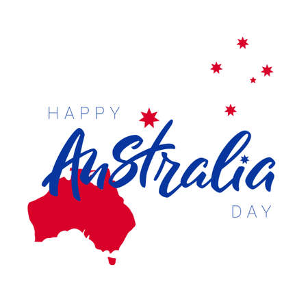 Happy Australia day lettering. Map of Australia on background with stars. calligraphy with flag. Vector illustrationのイラスト素材