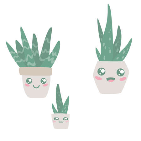 Set of Kawaii aloe vera in pots. Hand drawn collection of cute house plants growing in pots. Aloe in pot vector illustration. Modern illustration in modern style.のイラスト素材