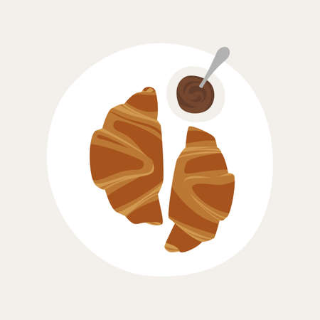 French croissants on a plate with chocolate paste. Traditional French breakfast. French baked goods. Vector illustration. Tasty dessertのイラスト素材