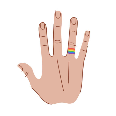 LGBT love concept. Hand with a lgbt flag tattoo on finger. Hand in modern flat style. Vector illustration.のイラスト素材