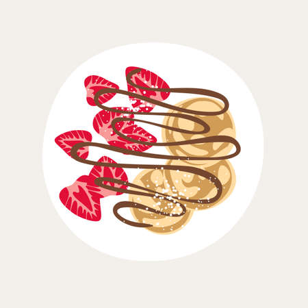 Sweet classic breakfast with pancakes. top view vector illustration. Pancakes with chocolate syrup and berries. strawberries and chocolate. vactor illustrationのイラスト素材