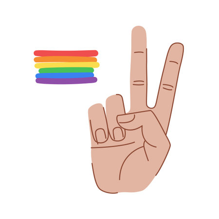 LGBT poster design. LGBT love concept. Hand gesture V sign for victory or peace. LGBT flag on background. Isolated vector colorful illustration.のイラスト素材