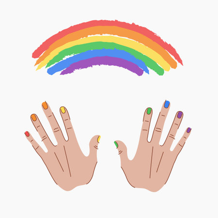 Hands with manicure in lgbt color in background of LGBT rainbow. LGBT poster design. LGBT love concept. Isolated vector colorful illustration.のイラスト素材