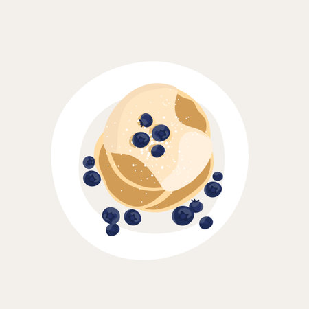 Sweet classic breakfast with pancakes. top view vector illustration. Pancakes with condensed milk and berries. Plate with a beautiful breakfast. vactor illustrationのイラスト素材