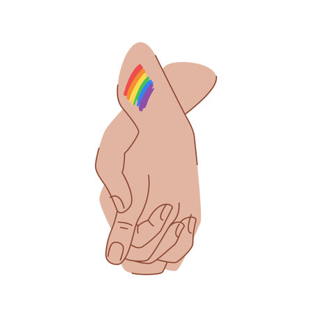 LGBT couple are holding hands. LGBT love concept. Hand with a lgbt flag tattoo. Vector illustration. Hold hands.のイラスト素材