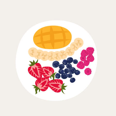 Plate with a beautiful breakfast. Fruit and berries set. Mango, raspberries, strawberries, blueberries, bananas. top view vector illustration. Fruit healthy breakfastのイラスト素材