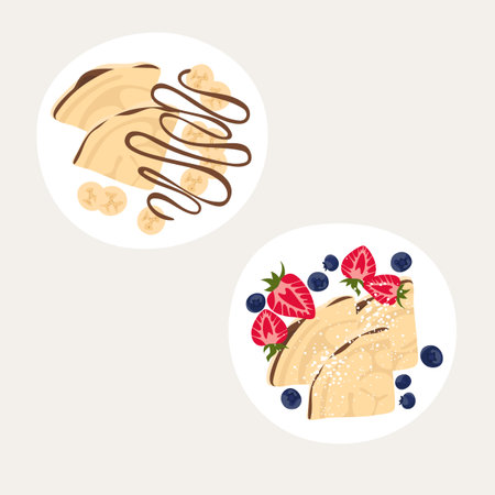 Sweet classic breakfast with pancakes. top view vector illustration. Thin pancakes with chocolate syrup and berries. strawberries, blueberries, bananas. Set of plates with beautiful breakfastsのイラスト素材