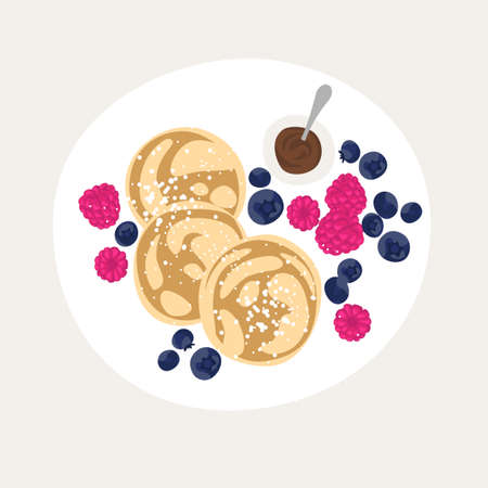 Sweet classic breakfast with pancakes. top view vector illustration. Pancakes with chocolate and berries. Plate with a beautiful breakfast. blueberries and raspberries. vector illustrationのイラスト素材