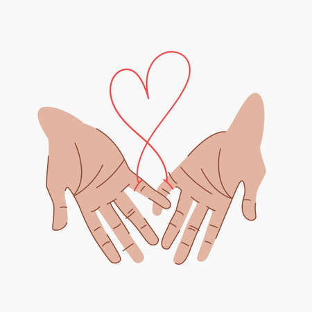 Red thread of fate that connects the hands of lovers. Soulmates hold on to their little fingers. Red...