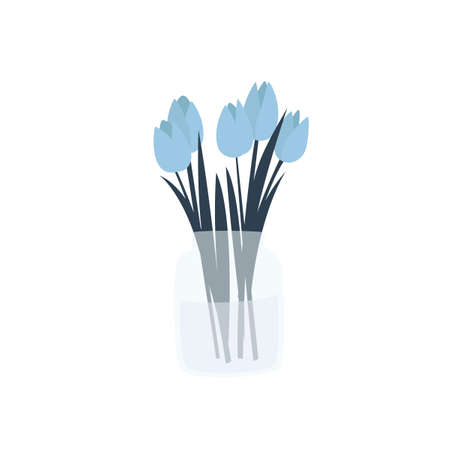Hand drawn Glass vase with blue flowers. Blue tulips in a transparent vase. Vector illustration in modern style.のイラスト素材