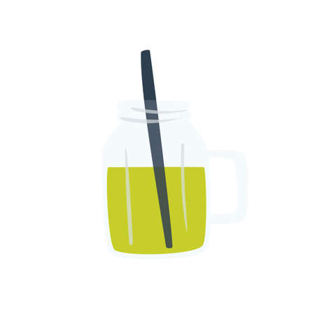 Hand drawn glass with green matcha tea with a straw. Green matcha tea. Trendy healthy drink. Vector illustration in modern style.のイラスト素材
