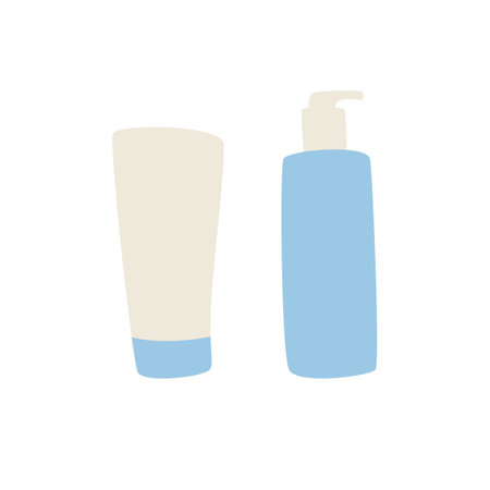 Hand drawn illustration of cleansing foam and toner. Morning skin care routine. Vector illustration in modern style.のイラスト素材