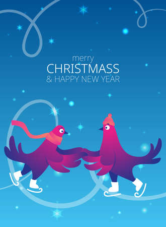 Bright Xmas poster with funny pigeons. Text "Merry Christmas". Funny characters doves in skates. Pigeons are skating on the ice rink. Holiday vector illustration. Festive poster.のイラスト素材