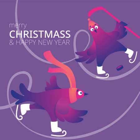 Bright square Xmas banner with funny pigeons. Text "Merry Christmas". Funny characters doves in skates. Pigeons are skating on the ice rink. Holiday vector illustration. Festive banner.のイラスト素材