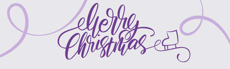 Bright Xmas horizontal web banner. Handwritten lettering Merry Christmas. Skate tracks on an ice rink. Holiday vector illustration. Festive colorful banner.のイラスト素材