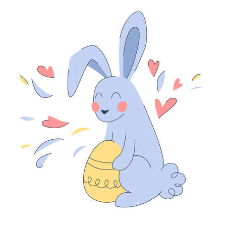 Cute blue Easter bunny with Easter egg. spring concept. Cute Easter Spring illustration. Vector illustration in a flat style. Easter concept.のイラスト素材