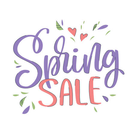 Spring SALE lettering with leaves and hearts. Cute bright lettering in pastel colors. text print. Lettering for Sale bsnners. vector illustration.のイラスト素材