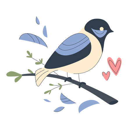 Spring bird is sitting on the branch and leaves. spring concept. Colorful spring illustration. Bird on branch. Vector illustration in a flat style. Easterのイラスト素材