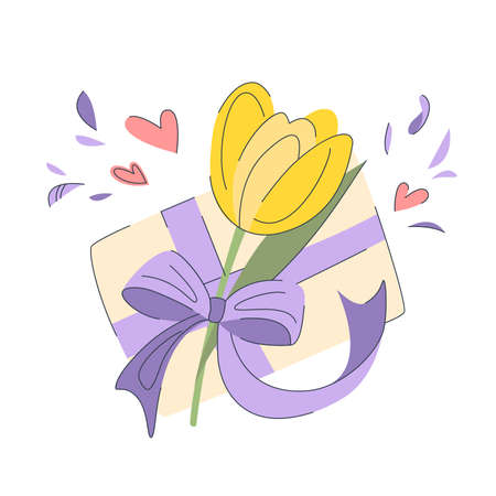 Cute tulip on a gift box in pastel colors. Spring yellow tulip and present. flower present. spring concept.のイラスト素材