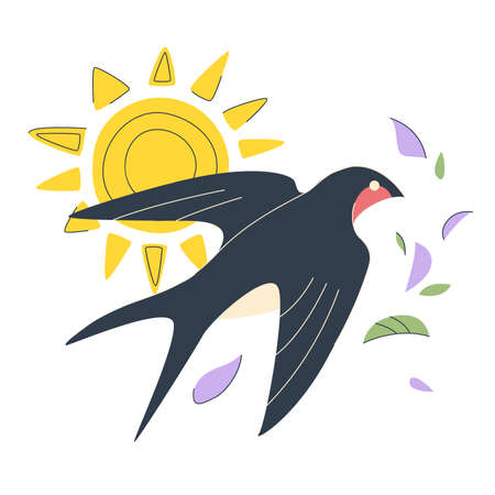 Swallow is flying on the background of the sun and leaves. spring concept. Colorful spring illustration. Bird in flight is on white background. Vector illustration in a flat style. Easterのイラスト素材