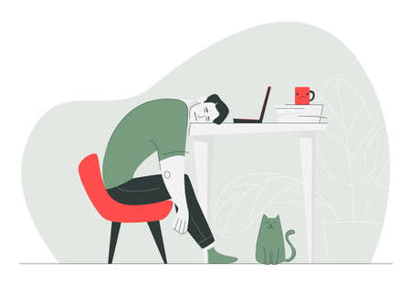 Tired man sleeps on the desktop. Burnout concept. A laptop, a mug of coffee, documents are on the desktop. Cute cat under the table. Distant workのイラスト素材