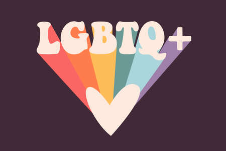 Retro poster with "LGBTQ+" slogan with heart and hippie rainbow sunshine on background. Vector LGBT rainbow print for t-shirt, sticker, poster. Hippie retro concept.のイラスト素材
