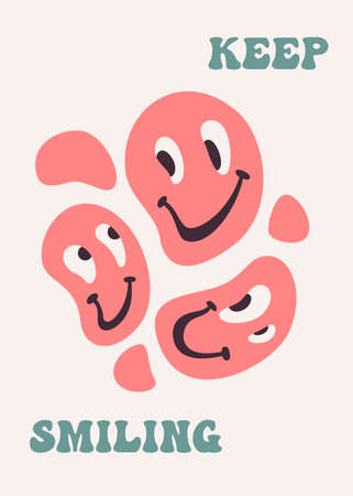 70s retro poster with distorted smiling faces. Vector print with "Keep smiling" slogan for t-shirt, sticker, poster. Hippie retro concept.のイラスト素材