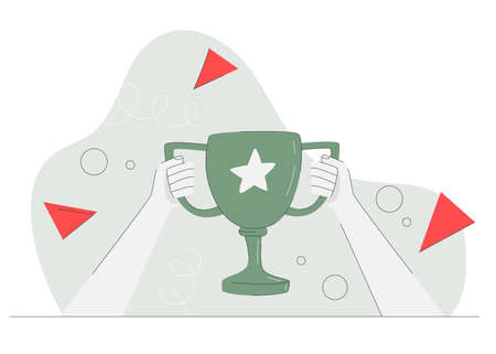 Hands holding a golden goblet. Contest winner, competition winner in flat vector illustration. Success, victory, achievement concept for banner, website design or landing web page. vectorのイラスト素材