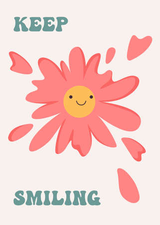 70s retro poster with daisy flower with smile. Vector print with "Keep smiling" slogan for t-shirt, sticker, poster. Hippie retro concept.のイラスト素材