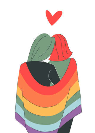 LGBT concept. Bisexual couple hugging and holding lgbt flag. LGBT rainbow flag. Vector illustration in flat cartoon style. love concept. gay parade, pride month. vectorのイラスト素材