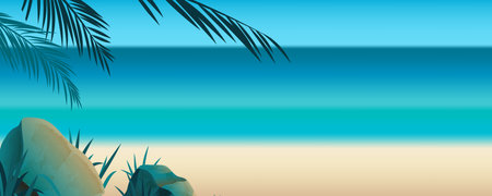 Summer blank horizontal banner , template for social media, ads. Vector Summer banner in beautiful seaside landscape with palm branches. vector illustrationのイラスト素材