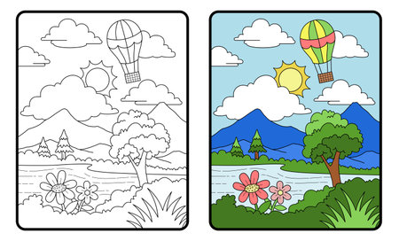 Mountain View coloring book or page, education for childrenのイラスト素材