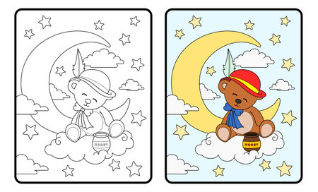 bear and moon coloring book or page, education for childrenのイラスト素材