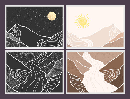 Set of abstract mountain painting. abstract art background. Premium Vectorsのイラスト素材
