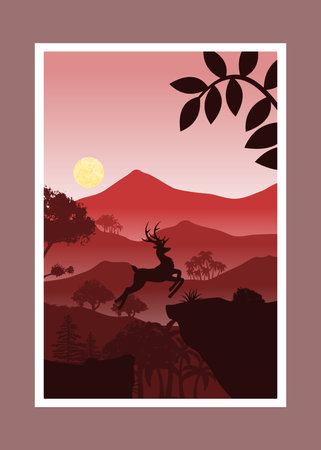 Deer and mountain painting, abstract background, Landscapeのイラスト素材