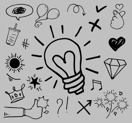 Doodle vector set illustration with hand draw line art style vector. Crown, king, sun, arrow, heart, love, star, swirl, swoops, emphasis, for concept designのイラスト素材