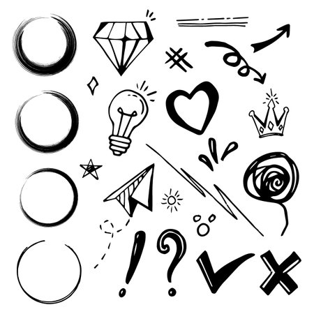 Doodle vector set illustration with hand draw line art style vector. Crown, king, sun, arrow, heart, love, star, swirl, swoops, emphasis, for concept design.のイラスト素材