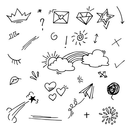 Doodle vector set illustration with hand draw line art style vector. Crown, king, sun, arrow, heart, love, star, swirl, swoops, emphasis, for concept design.のイラスト素材