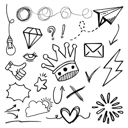 Doodle vector set illustration with hand draw line art style vector. Crown, king, sun, arrow, heart, love, star, swirl, swoops, emphasis, for concept designのイラスト素材