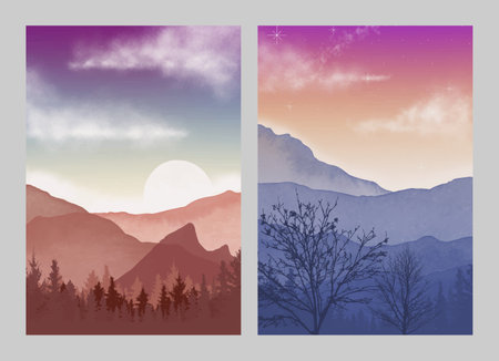 Natural abstract mountain on set. Mid century modern minimalist art print. Abstract contemporary aesthetic backgrounds landscape. vector illustrationsのイラスト素材