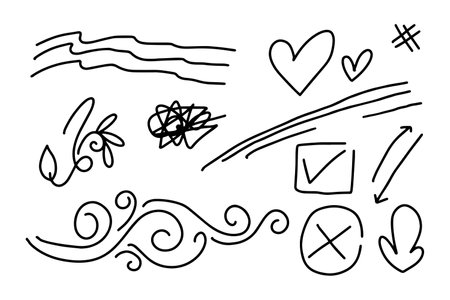 Vector set of Doodle elements, for concept design. check, cross, arrow, love, wind and othersのイラスト素材
