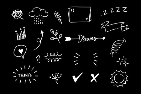 Vector set of doodle elements, ribbons, sun, love, arrows, swirls, brushes, stars, crowns, for concept design.のイラスト素材