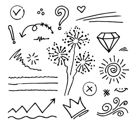 Doodle vector set illustration with hand draw line art style vector. Crown, king, sun, arrow, heart, love, star, swirl, swoops, emphasis, for concept designのイラスト素材